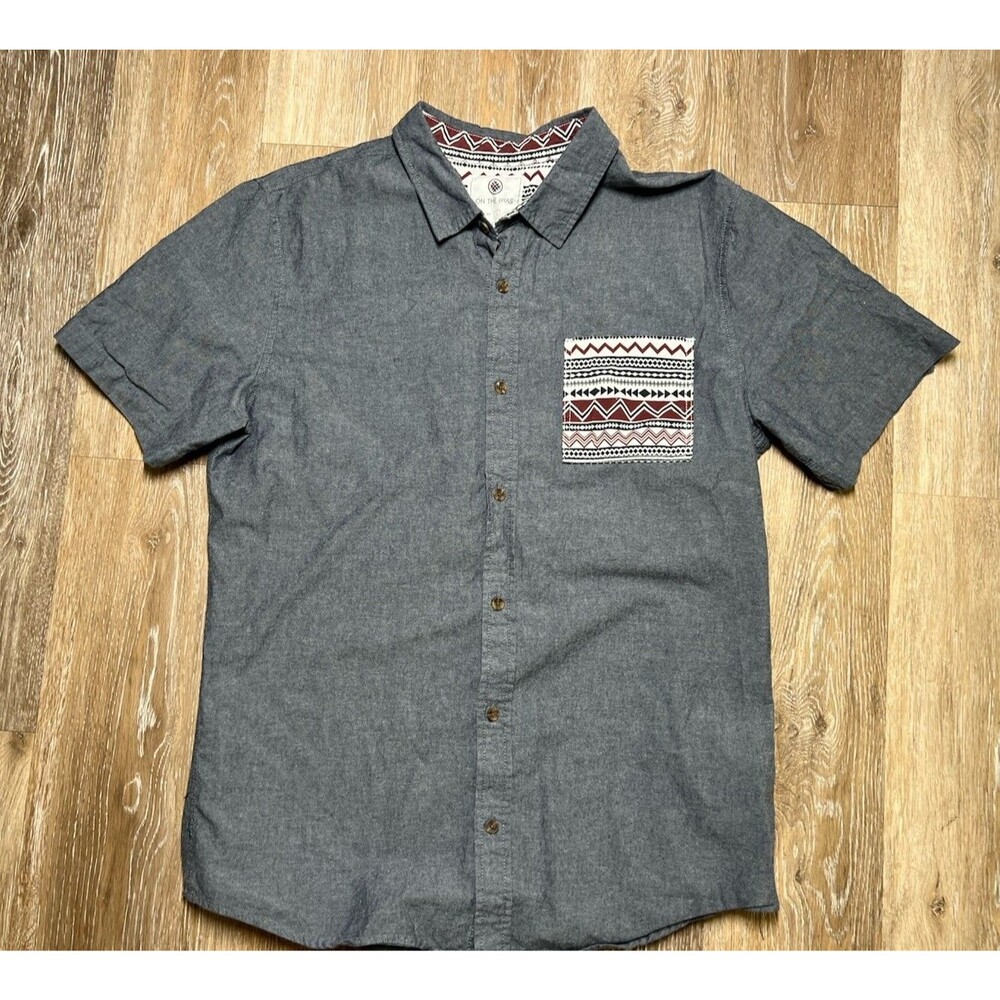 ON THE BYAS Mens Short Sleeve Button Up Shirt Gray Patchwork Pocket Size L
